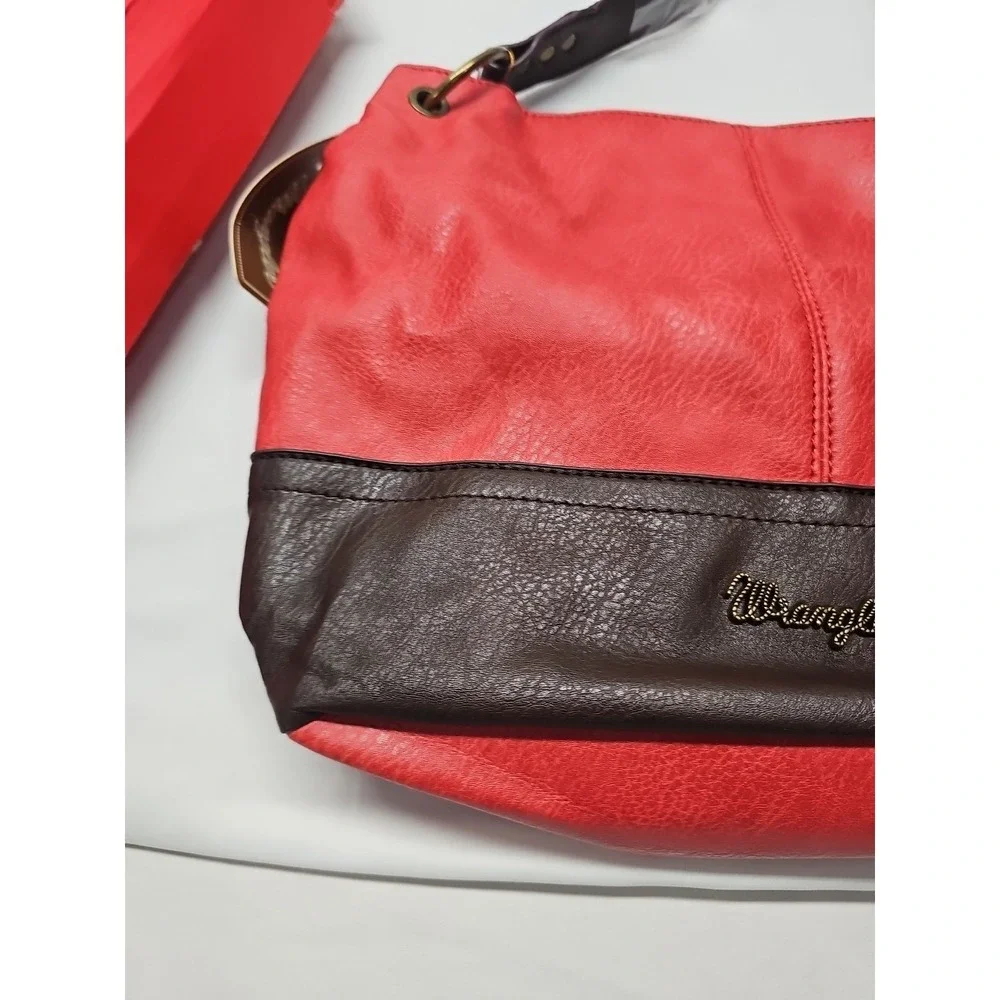 Wrangler‎ Vegan Leather Hobo Bag Women's Top Handle Shoulder Purse Red Brown NWT